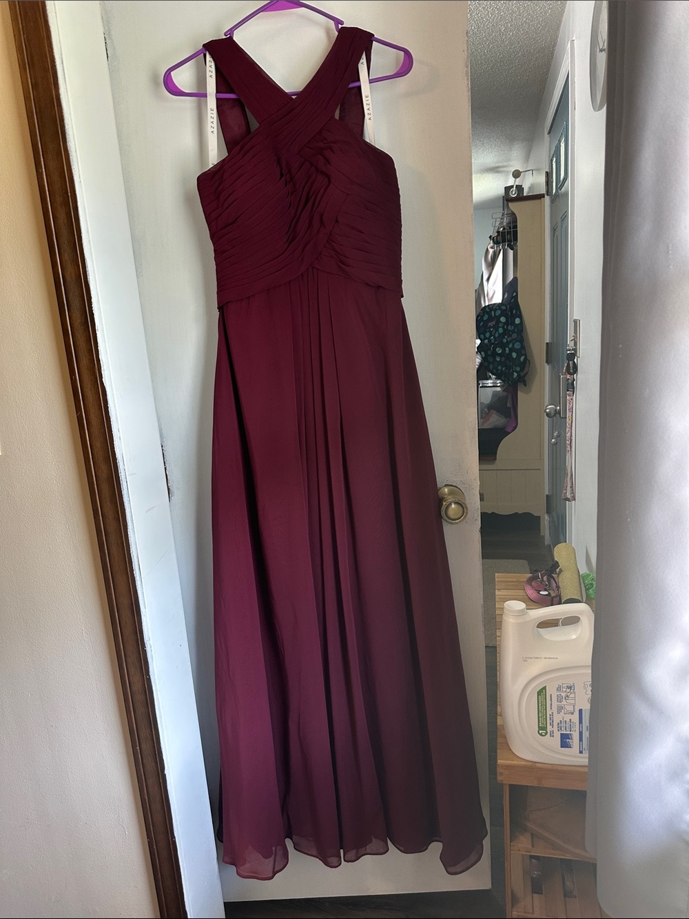 Azazie Burgundy Crisscross Bodice Maxi Dress